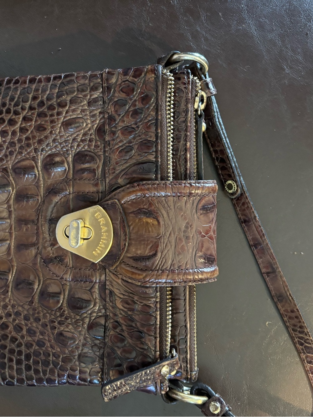 Brahmin Dark Brown Croc-Embossed Leather Wristlet